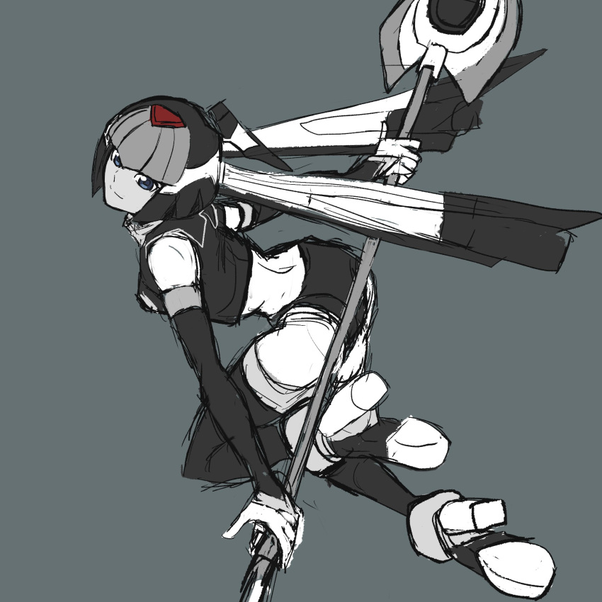 fairy_leviathan_(mega_man), fins, forehead_jewel, grey_background, head_fins, highres, holding, holding_polearm, holding_weapon, limited_palette, mega_man_(series), mega_man_zero_(series), polearm, raica_(khongbautroi), simple_background, spear, weapon