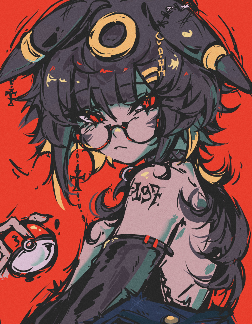 1girl, absurdres, animal_ears, arm_tattoo, bare_shoulders, black_hair, cross, dark-skinned_female, dark_skin, dress, elbow_gloves, glasses, gloves, green_hair, halter_dress, halterneck, highres, holding, holding_poke_ball, humanization, jewelry, looking_at_viewer, multicolored_hair, poke_ball, pokedex_number, pokemon, portrait, red_background, red_eyes, regrets_(r8grets), sleeveless, sleeveless_dress, solo, streaked_hair, tattoo, umbreon