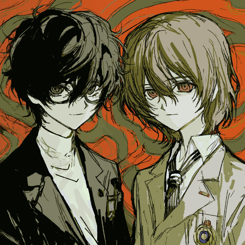 2boys, akechi_gorou, amamiya_ren, black-framed_eyewear, black_eyes, black_hair, black_jacket, brown_hair