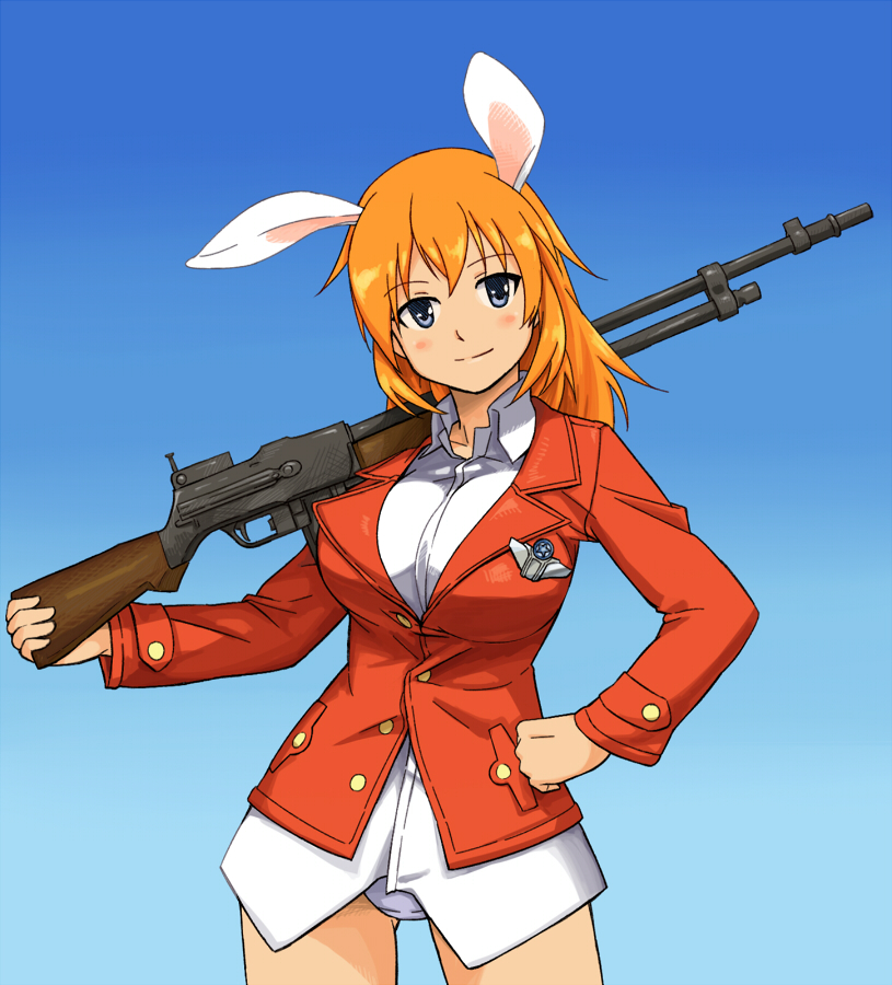bar1918, blue_eyes, blush, breasts, browning_automatic_rifle, bunny_ears, charlotte_e_yeager, formal, gun, hand_on_hip, hips, large_breasts, long_hair, m1918_bar, military, military_uniform, orange_hair, panties, shiba_murashouji, smile, strike_witches, underwear, uniform, weapon
