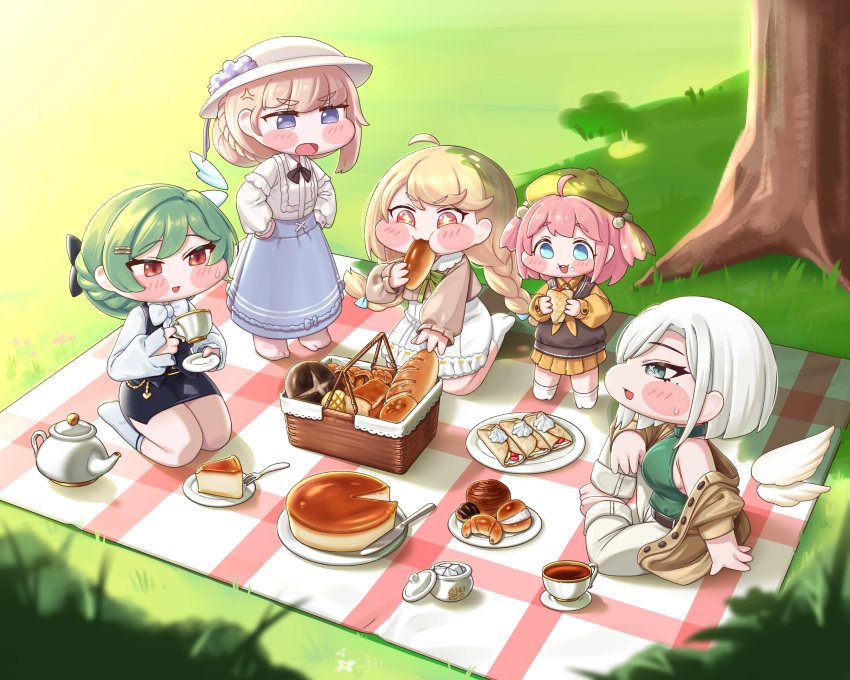 +_+, 5girls, absurdres, aqua_eyes, baguette, basket, beret, blanket, blonde_hair, blue_eyes, blush_stickers, braid, bread, cheesecake, crepe, crepe_(trickcal), cup, drink, eating, erpin_(trickcal), food, food_on_face, grass, green_eyes, green_hair, hair_bun, hair_ornament, hat, highres, holding, holding_cup, holding_food, joanne_(trickcal), kneeling, loli, long_sleeves, multiple_girls, ner_(trickcal), outdoors, pants, picnic, picnic_basket, picnic_blanket, pink_hair, plate, pleated_skirt, polan_(trickcal), red_eyes, single_hair_bun, skirt, socks, standing, teacup, tree, trickcal, twin_braids, white_hair, white_hat, white_skirt, white_socks, wings, yanuk