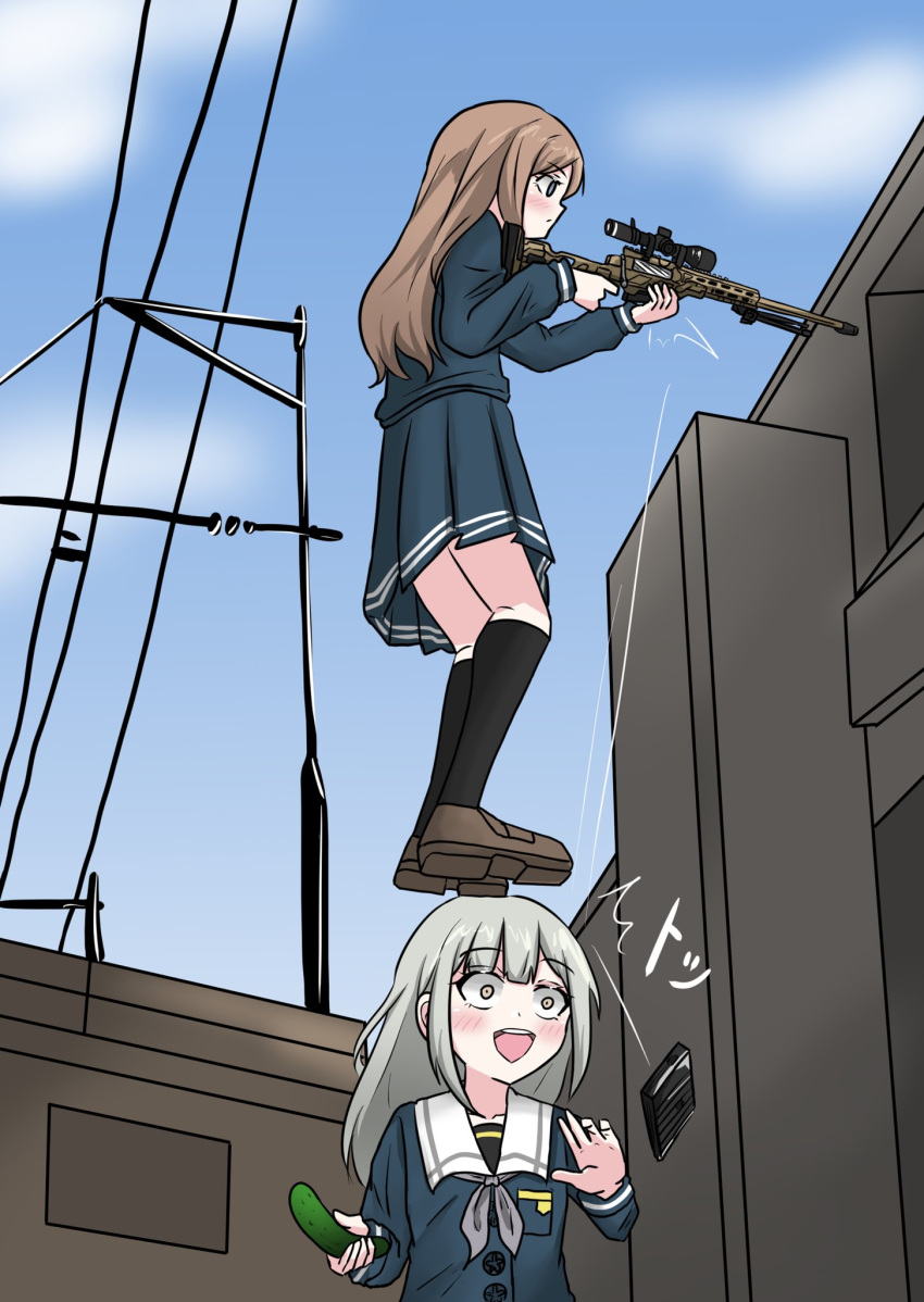 2girls, bang_dream!, bang_dream!_it's_mygo!!!!!, black_socks, blue_serafuku, blue_shirt, blue_skirt, blue_sky