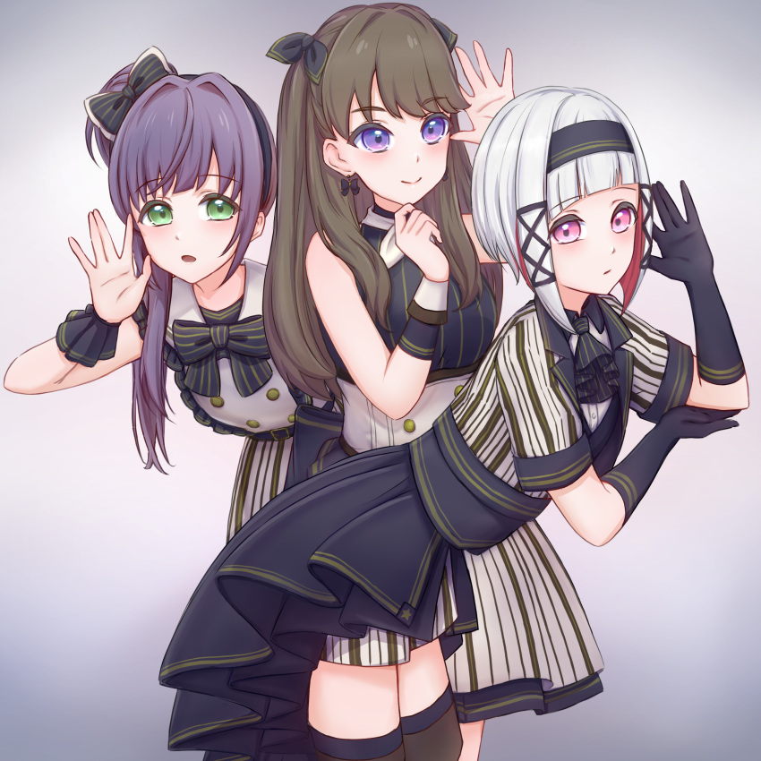 3girls, \||/, absurdres, ascot, black_ascot, black_bow, black_bowtie, black_gloves, black_hairband, black_headband, black_thighhighs, blush, bob_cut, bow, bowtie, brown_hair, closed_mouth, colored_inner_hair, commentary_request, cowboy_shot, diagonal_bangs, elbow_gloves, fujishima_megumi, gloves, gradient_background, green_eyes, grey_background, hair_bow, hair_bun, hairband, hand_on_own_elbow, headband, highres, inverted_bob, kannogi, leaning_forward, link!_like!_love_live!, long_hair, love_live!, miniskirt, multicolored_hair, multiple_girls, official_alternate_costume, open_hand, open_mouth, otomune_kozue, pink_eyes, pinstripe_ascot, pinstripe_bowtie, pinstripe_pattern, pinstripe_shirt, pinstripe_shorts, pinstripe_skirt, purple_hair, red_hair, revision, shirt, short_hair, short_shorts, shorts, side_ponytail, sidelocks, simple_background, single_side_bun, skirt, smile, standing, streaked_hair, thigh-highs, two_side_up, violet_eyes, virtual_youtuber, white_hair, white_wrist_cuffs, wrist_cuffs, yugiri_tsuzuri, yunokuni_girls!_(love_live!)