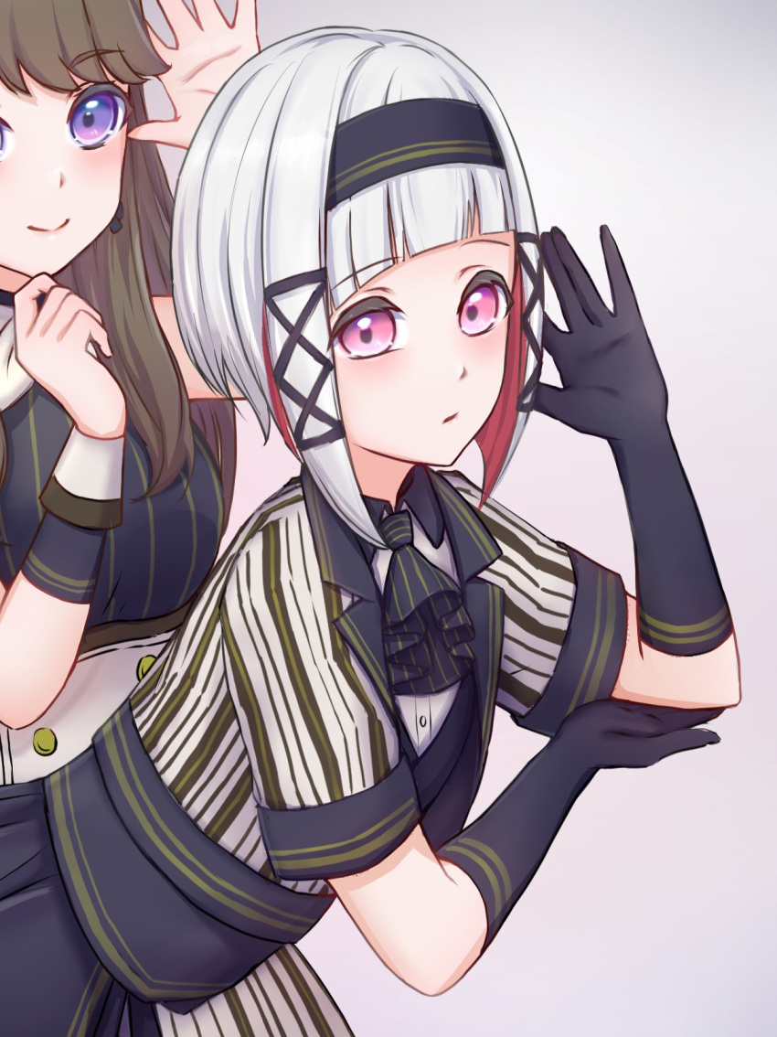 2girls, 3girls, ascot, black_ascot, black_gloves, black_headband, black_thighhighs, blush