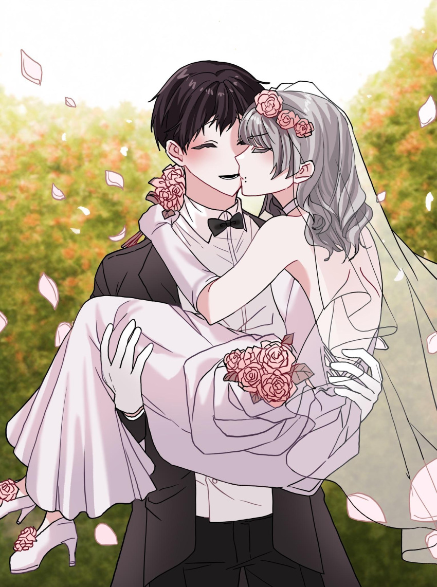 1boy, 1girl, alternate_costume, bare_shoulders, black_bow, black_bowtie, black_hair, black_jacket