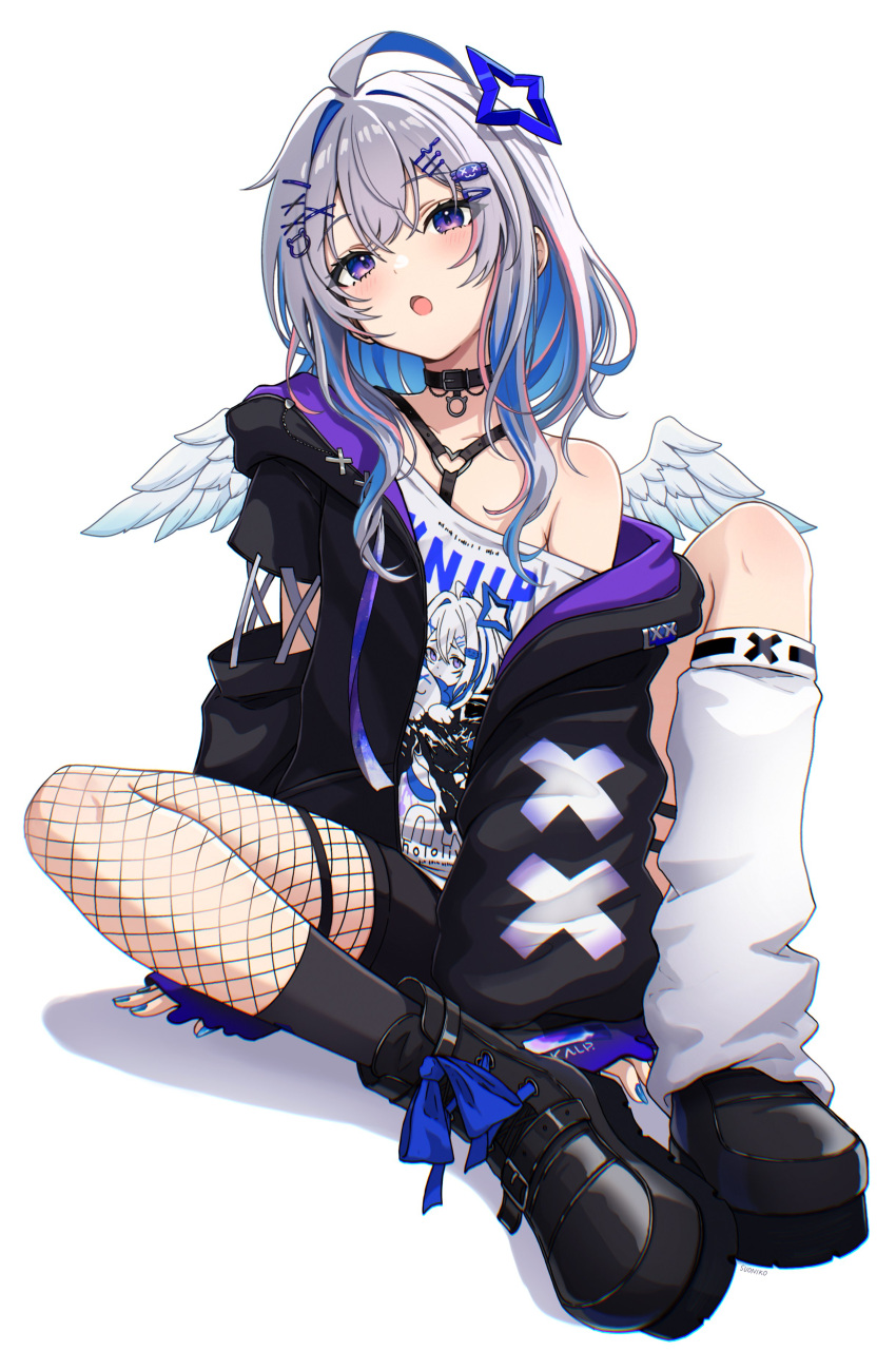 1girl, absurdres, ahoge, amane_kanata, amane_kanata_(punk_rock), angel_wings, belt_collar, black_hoodie