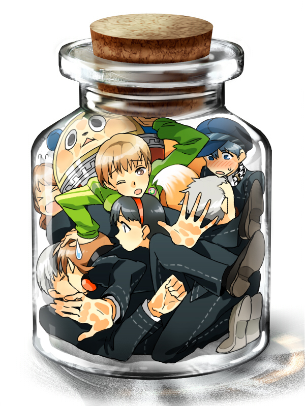 black_hair, blue_eyes, blue_hair, bottle, bottle_meme_(pixiv), brown_eyes, brown_hair, cabbie_hat