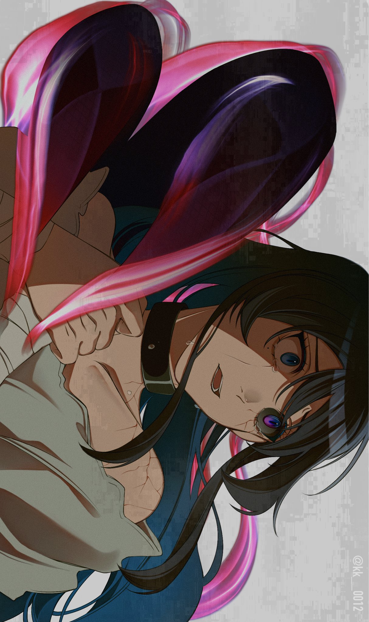 1girl, ado_(utaite), black_choker, black_hair, blue_eyes, blue_hair, chando_(ado), choker