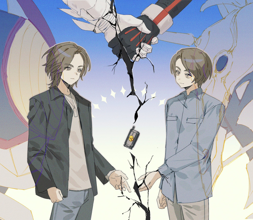0e0n0_2, 2boys, brown_eyes, brown_hair, faiz_phone, highres, holding, holding_hands