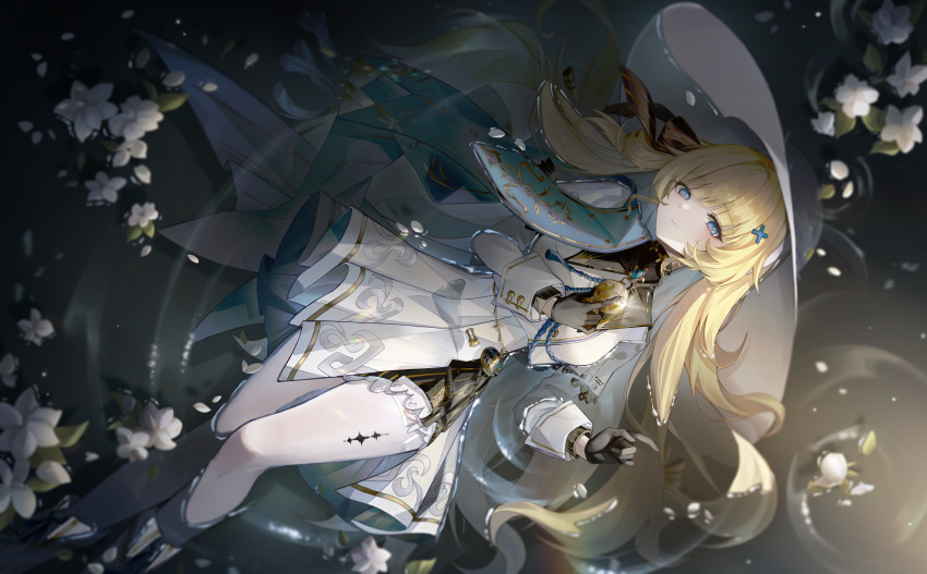 absurdres, black_bow, black_collar, black_gloves, blonde_hair, blue_eyes, blue_gemstone, blue_sash
