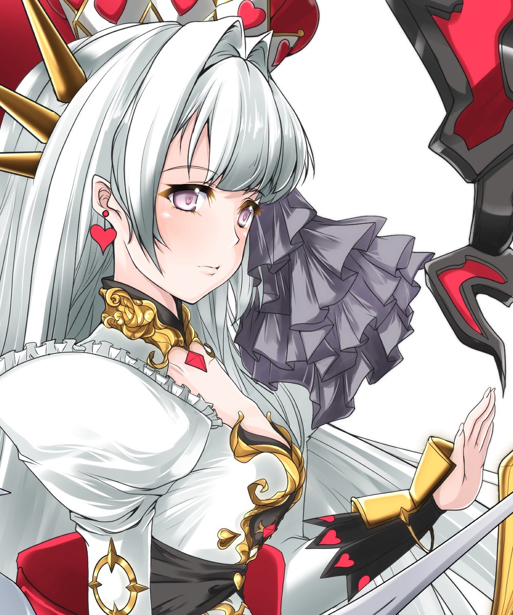 1girl, blush, breasts, closed_mouth, collarbone, crown, duel_monster, earrings