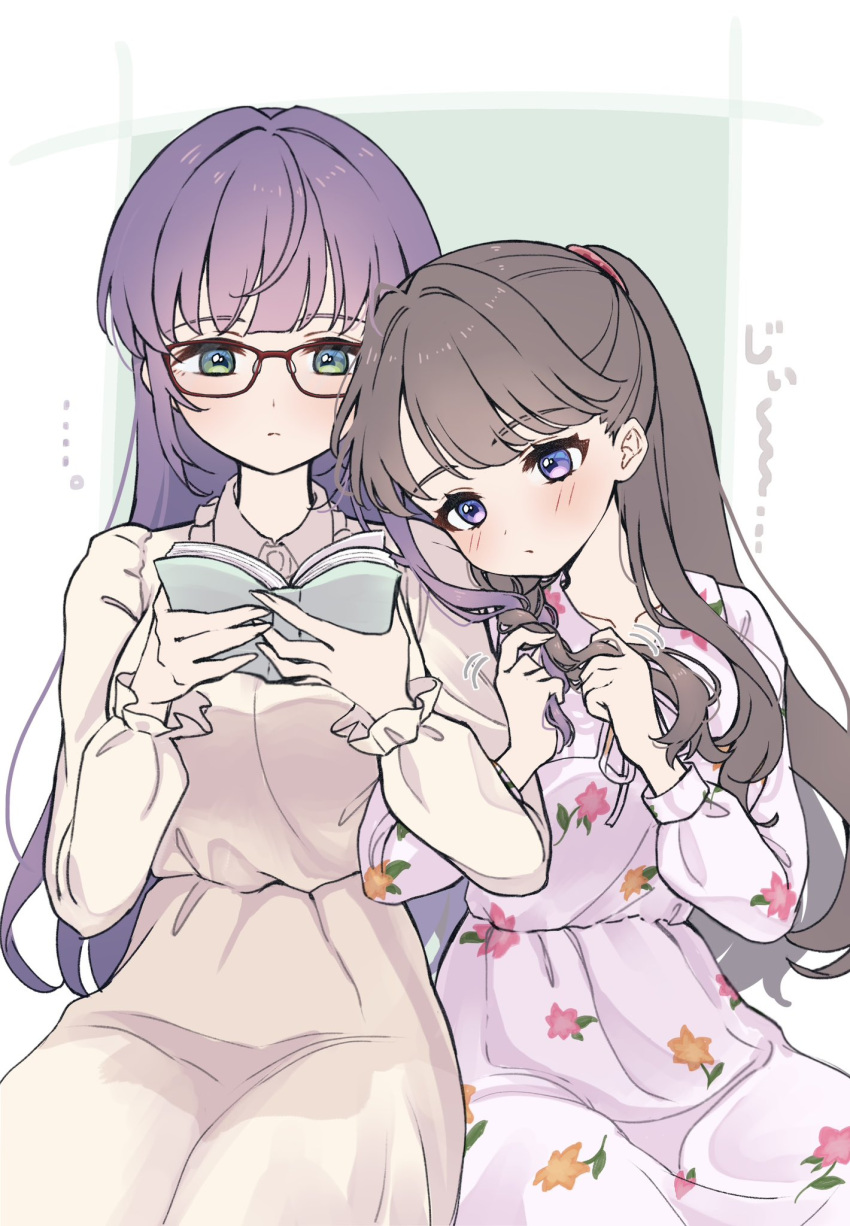 ..., 2girls, border, brown_hair, closed_mouth, collared_dress, cowboy_shot, dress