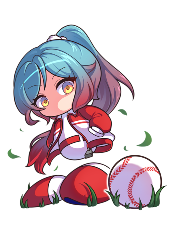 1girl, ball, baseball_(object), baseball_uniform, blue_hair, chibi, gradient_hair, grass
