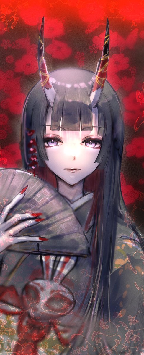 1girl, alternate_costume, alternate_hair_color, alternate_species, black_hair, blunt_bangs, closed_mouth, commentary_request, ekakinosemito, expressionless, eyelashes, fingernails, floral_background, grey_kimono, hair_over_shoulder, hand_fan, hand_up, highres, hime_cut, holding, holding_fan, horns, japanese_clothes, kimono, lips, long_fingernails, looking_at_viewer, mask, multicolored_hair, nail_polish, nijisanji, obi, oni, rabbit_mask, red_background, red_hair, red_nails, sash, skin-covered_horns, solo, straight-on, tsukino_mito, two-tone_hair, unworn_mask, upper_body, violet_eyes, virtual_youtuber, yellow_sash