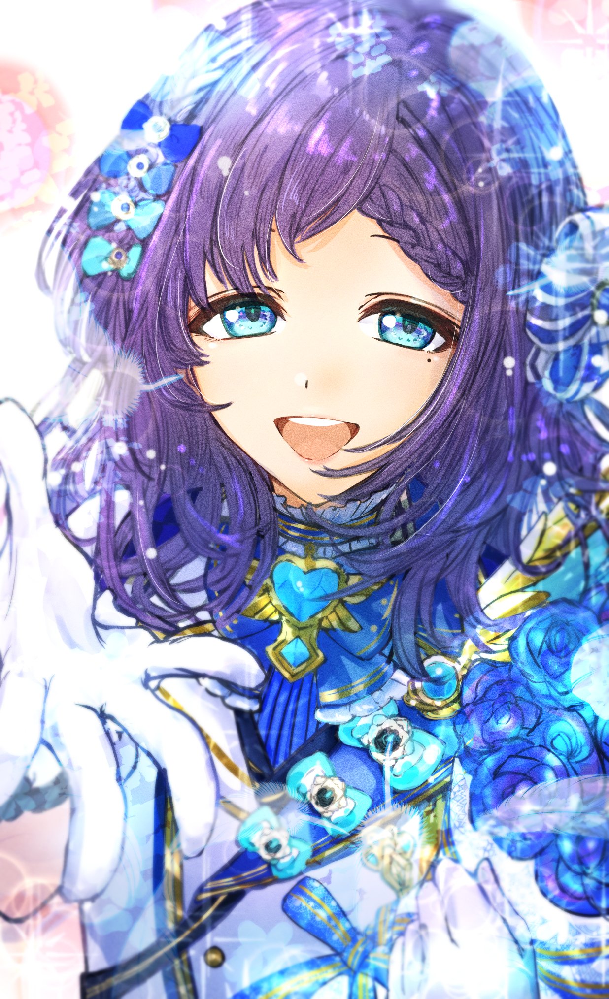 1girl, :d, aiba_uiha, aiba_uiha_(1st_costume), blue_bow, blue_bowtie, blue_eyes, blue_flower