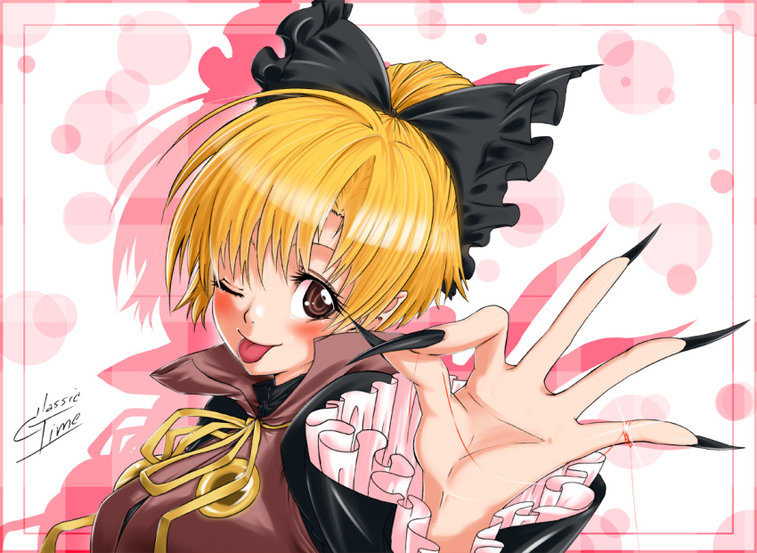 ;p, blonde_hair, bow, brown_eyes, classictime, face, fingernails, hair_bow