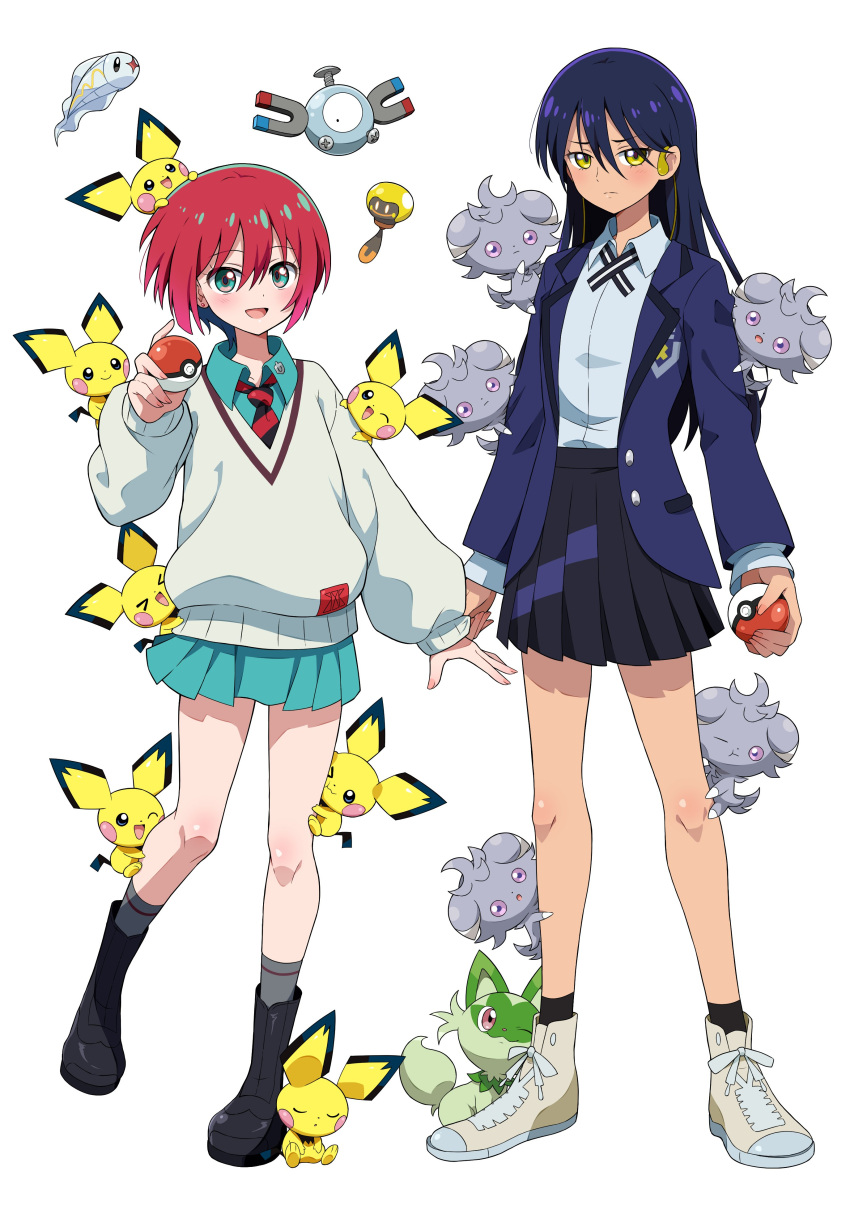 2girls, absurdres, amate_yuzuriha, aqua_eyes, aqua_shirt, aqua_skirt, beanie, black_hair