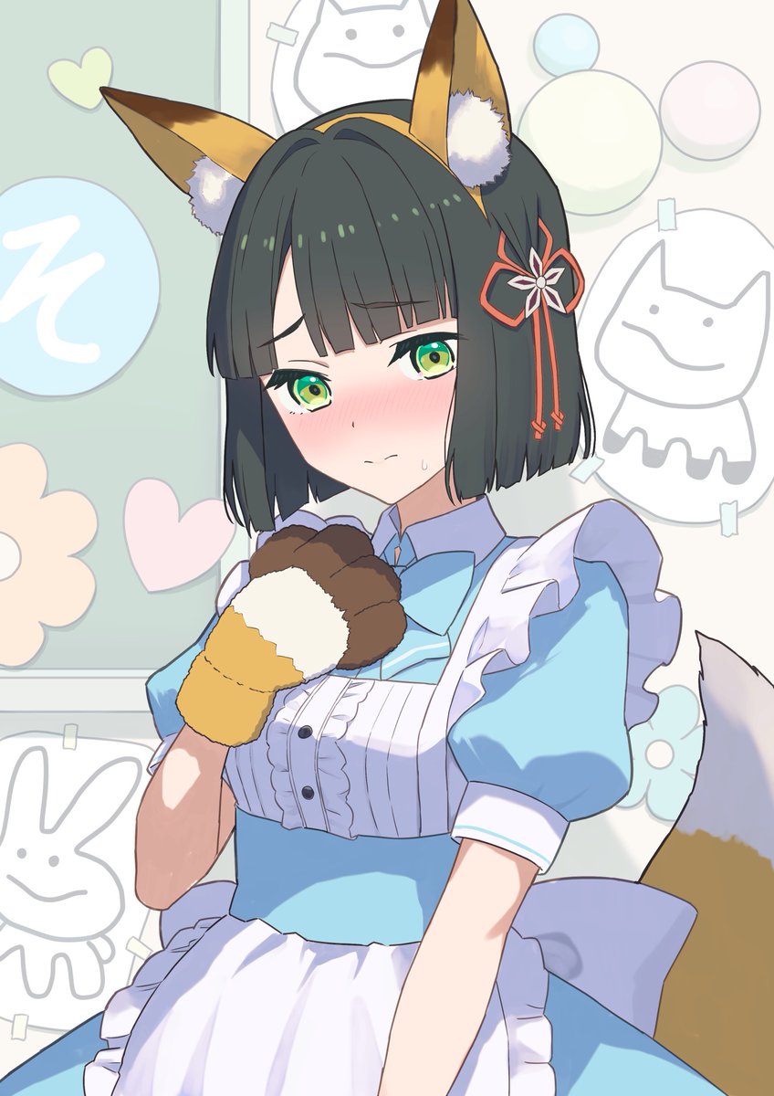 1girl, 3:, animal_ear_fluff, animal_ear_hairband, animal_ears, animal_hands, apron, black_hair