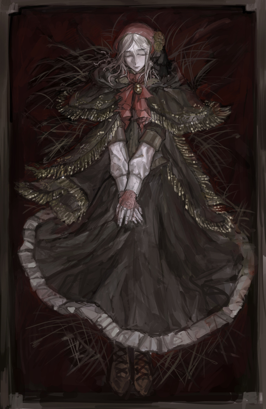 1girl, black_cloak, black_dress, bloodborne, bonnet, brown_shoes, cloak, closed_eyes