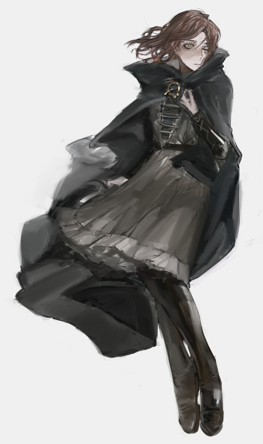 1girl, absurdres, black_cloak, boots, brown_boots, brown_eyes, brown_hair, cloak, closed_mouth, dress, elden_ring, expressionless, floating_clothes, floating_hair, frilled_dress, frills, gbsaphira, grey_dress, hand_up, highres, hood, hood_down, hooded_cloak, leather, leather_boots, medium_hair, melina_(elden_ring), one_eye_closed, simple_background, solo, vambraces, white_background
