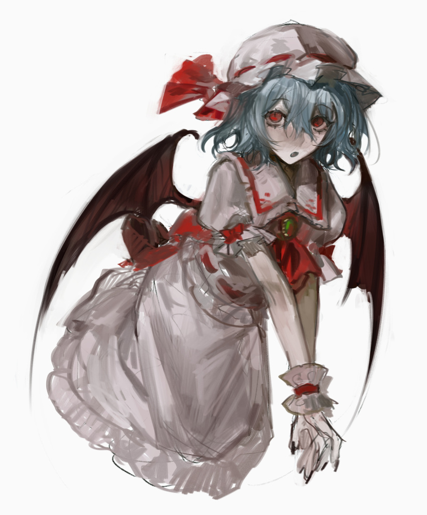 1girl, ascot, bat_wings, blood, blood_on_clothes, bow, collared_dress, dress