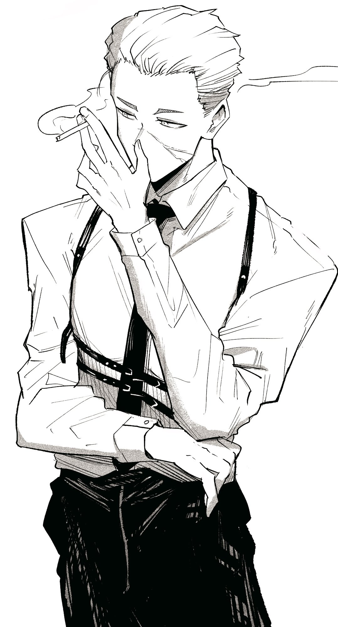 1boy, cigarette, greyscale, hair_slicked_back, highres, holding, holding_cigarette, male_focus