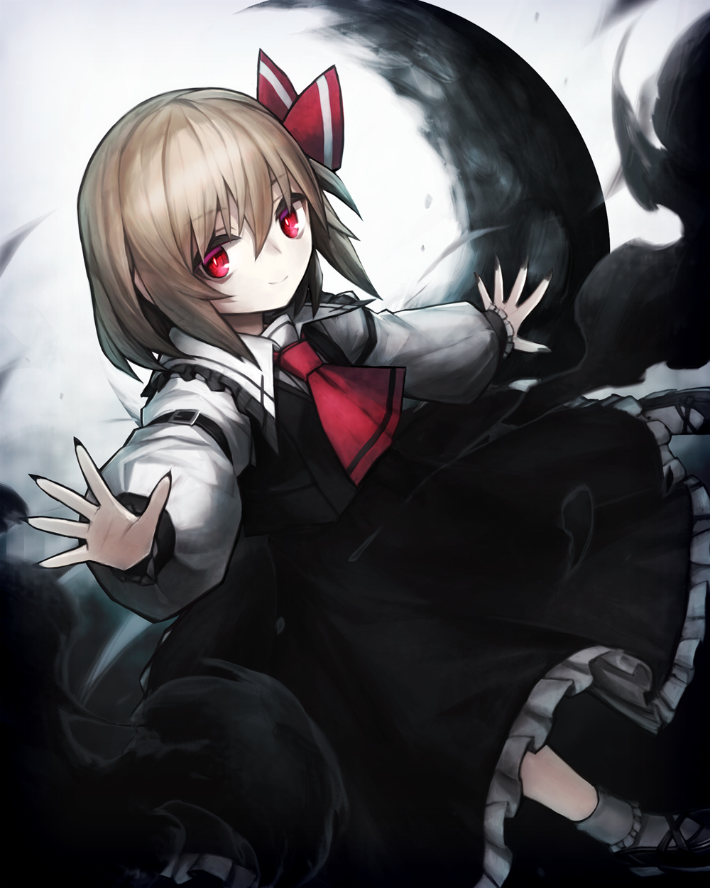 1girl, blonde_hair, hair_bow, long_sleeves, red_eyes, rumia, short_hair, smile