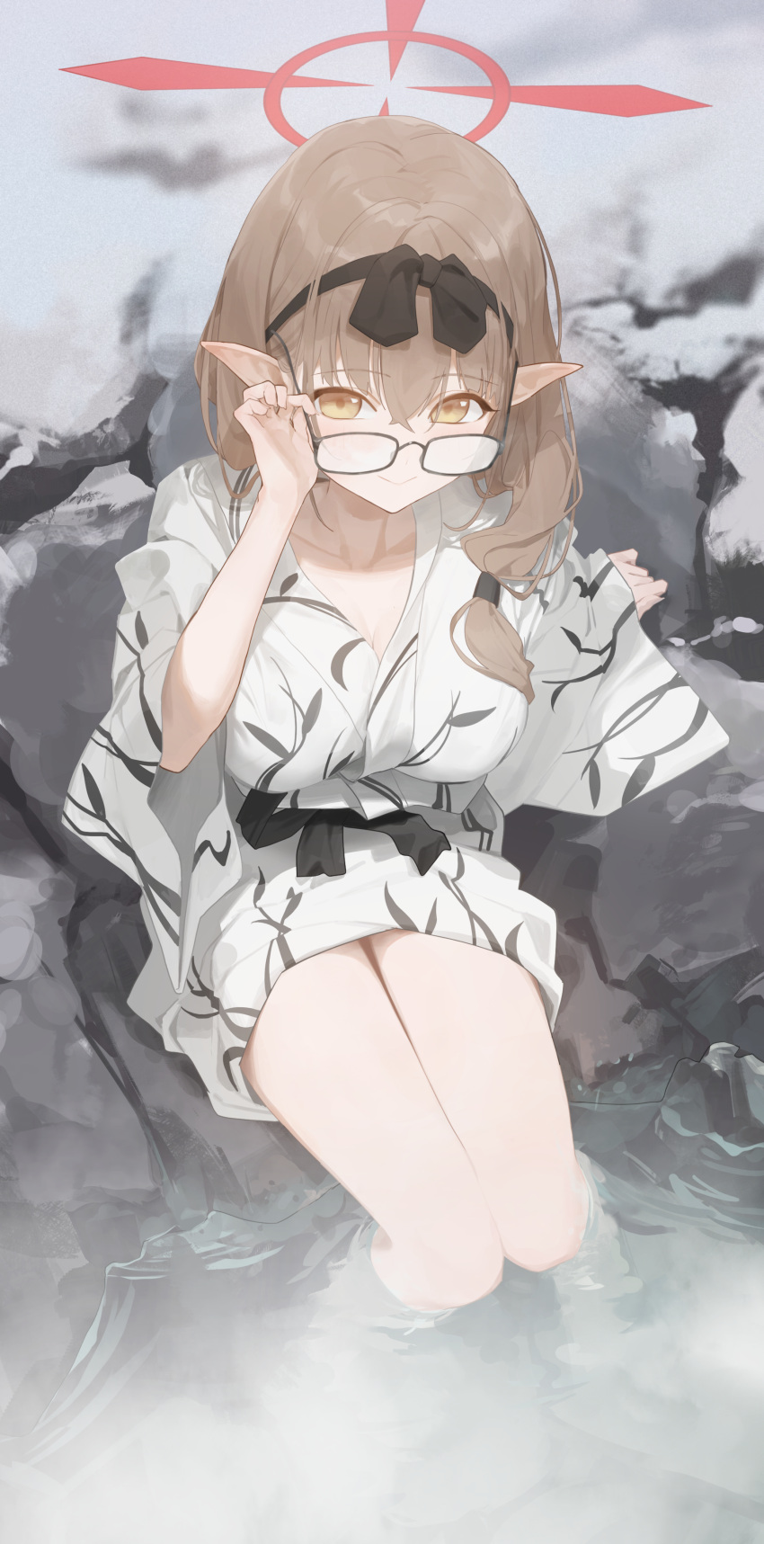 1girl, absurdres, black_hairband, black_sash, blue_archive, brown_hair, chinatsu_(blue_archive), chinatsu_(hot_spring)_(blue_archive)