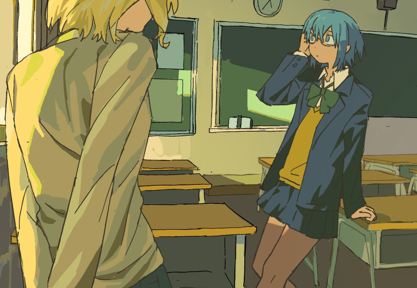 aoymkyo, arcueid_brunestud, blazer, blonde_hair, blue_eyes, blue_hair, bow, bowtie, ciel_(tsukihime), desk, hand_up, highres, jacket, pleated_skirt, school, school_desk, school_uniform, skirt, sweater, thighs, tsukihime, tsukihime_(remake), turtleneck, turtleneck_sweater
