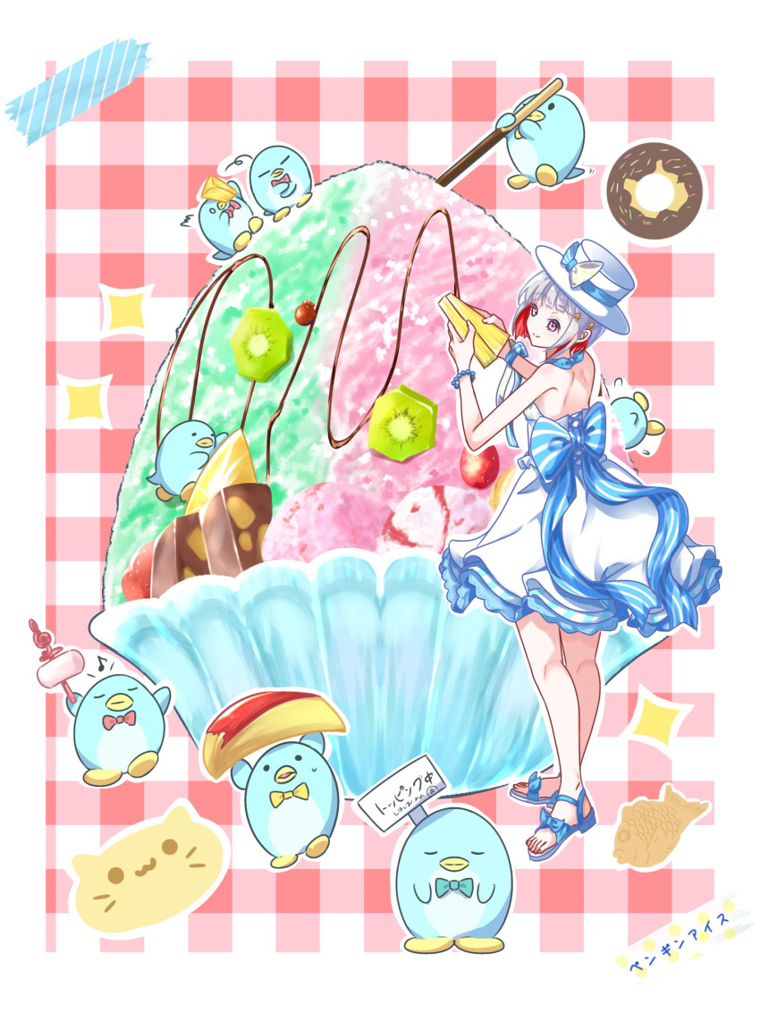 1girl, ^^^, animal, apple, apple_slice, back_bow, backless_dress, backless_outfit, bare_shoulders, bird, blue_bow, bob_cut, border, bow, bowl, bowler_hat, closed_eyes, colored_inner_hair, commentary_request, diagonal_bangs, doughnut, dress, food, frilled_dress, frills, fruit, full_body, gingham_background, glass_bowl, grey_hair, hair_ornament, halter_dress, halterneck, hat, highres, holding, holding_food, holding_fruit, ice_cream, inverted_bob, kiwi_(fruit), kiwi_slice, link!_like!_love_live!, love_live!, multicolored_hair, nougat, o_o, official_alternate_costume, on_food, oversized_food, oversized_object, penguin, penguin_ice_(love_live!), pineapple, pineapple_slice, pink_eyes, pocky, red_background, red_hair, sakari_(pear_8_ll), sandals, shaved_ice, short_dress, short_hair, shoulder_blades, sleeveless, sleeveless_dress, solo, standing, star_(symbol), star_hair_ornament, streaked_hair, toes, translation_request, virtual_youtuber, white_border, white_dress, white_hat, white_sandals, yugiri_tsuzuri
