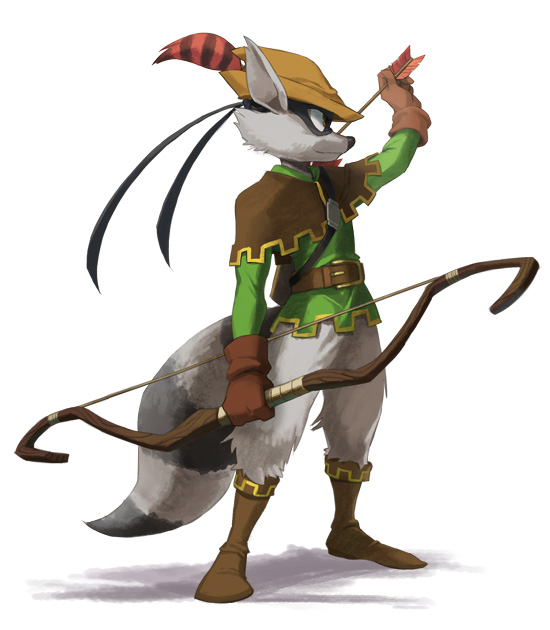 1boy, animal_ears, arrow_(projectile), black_fur, boots, bow_(weapon), bycocket, furry, furry_male, green_shirt, grey_fur, hat_feather, holding, holding_arrow, holding_bow_(weapon), holding_weapon, looking_to_the_side, male_focus, masked, motohashi_mari, raccoon_boy, raccoon_ears, raccoon_tail, shirt, sly_cooper, sly_cooper_(series), tail, weapon, white_background