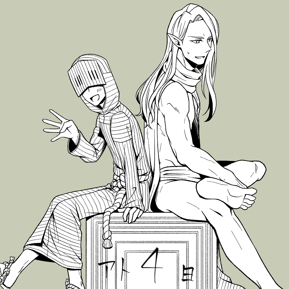 2boys, barefoot, box, countdown, crossed_legs, greyscale_with_colored_background, light_blush, loki_(megami_tensei)