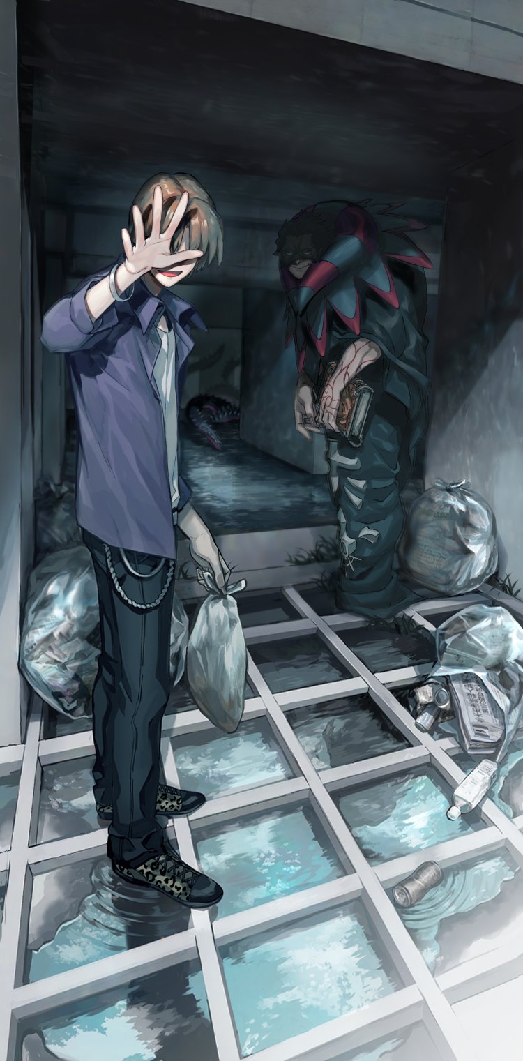 2boys, animal_print, arm_tattoo, armlet, black_cloak, black_pants, black_robe, black_shoes