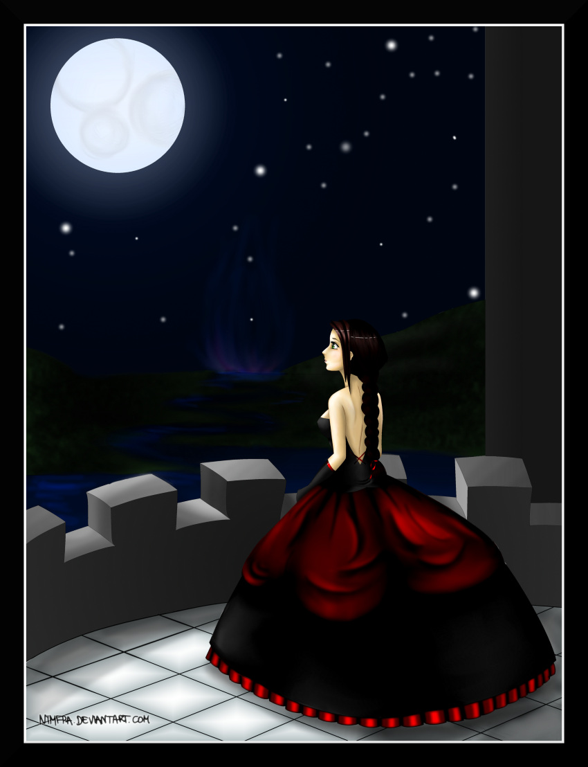 :3, absurdres, black_dress, braid, brown_hair, castle, dress, full_moon, gloves, gown, high_res, highres, long_dress, long_hair, moon, moonlight, night, nimfpa, odaxelagnia, original, plait, red_dress, solo, vampire, water