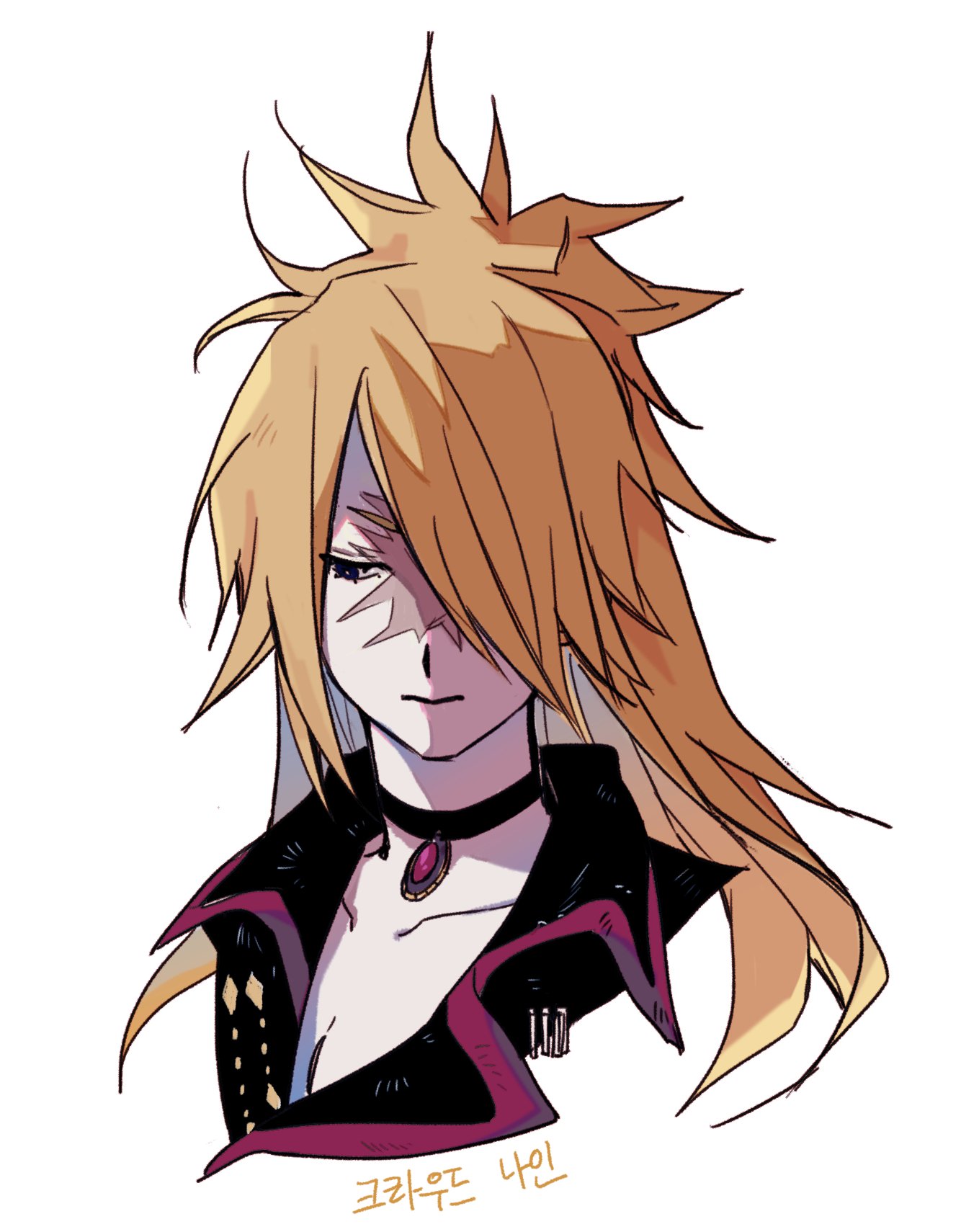 1girl, black_choker, black_coat, black_order_uniform, blonde_hair, blue_eyes, burn_scar, choker