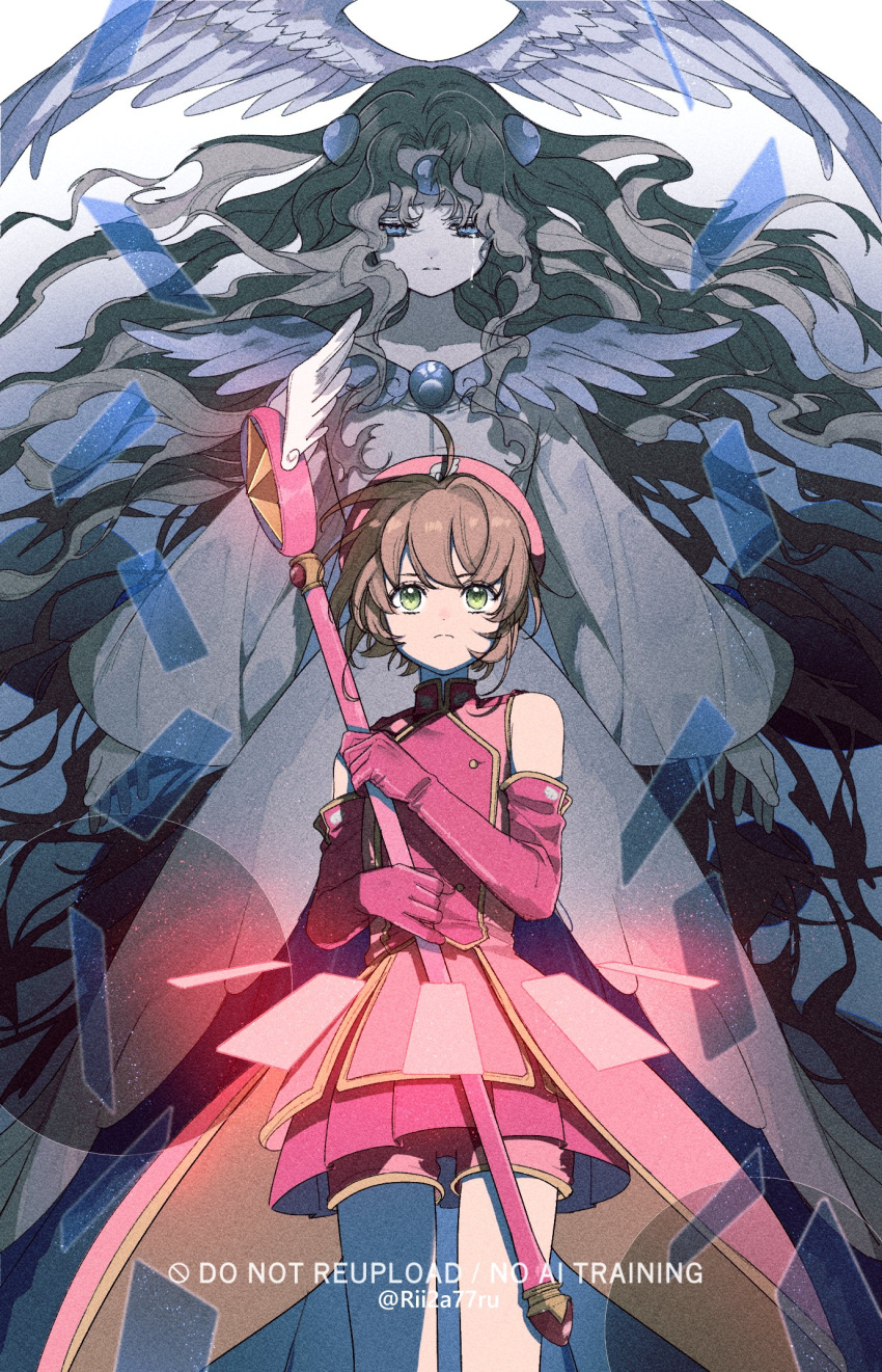 2girls, bare_shoulders, brown_hair, card, cardcaptor_sakura, dress, elbow_gloves, forehead_jewel