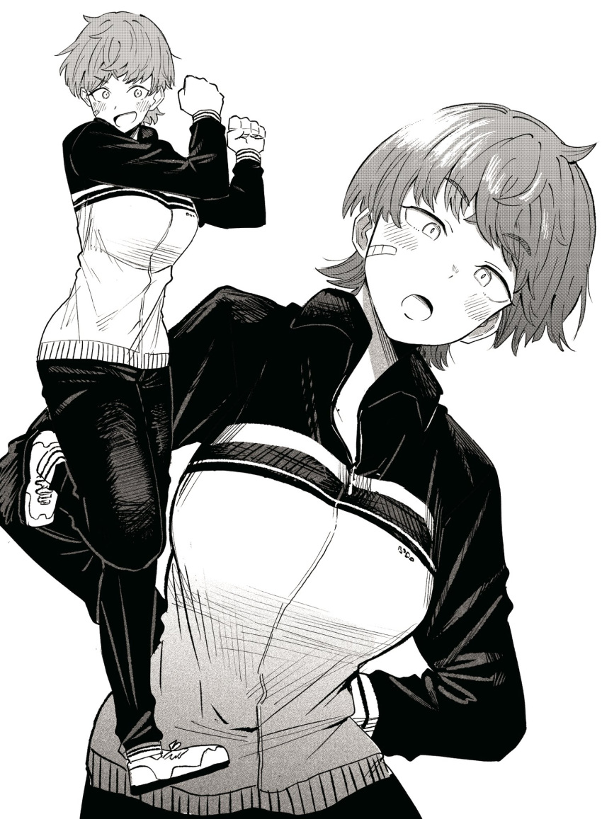 1girl, bandaid, bandaid_on_cheek, bandaid_on_face, breasts, greyscale, highres, jacket