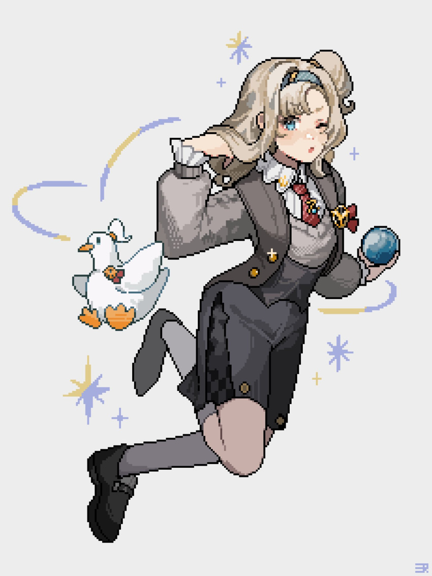 1girl, ;o, adjusting_hair, ajinasi_nori, animalization, ball, bird, black_shoes