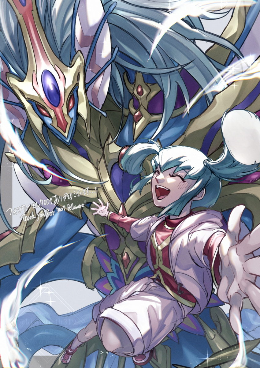 1girl, ancient_fairy_dragon, blue_scales, closed_eyes, dragon, duel_monster, green_hair, grey_hair