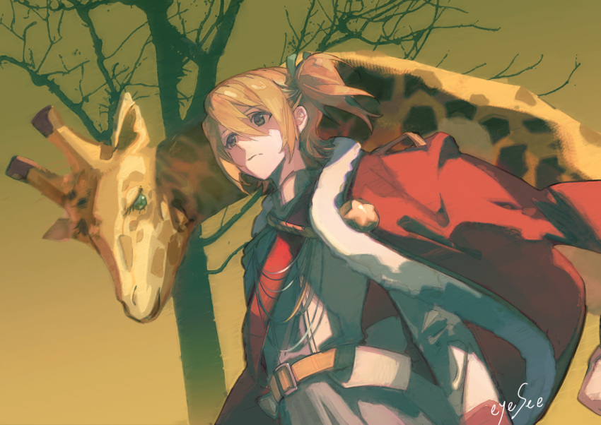 1girl, :|, aiguillette, arm_at_side, belt, blonde_hair, closed_mouth, commentary_request