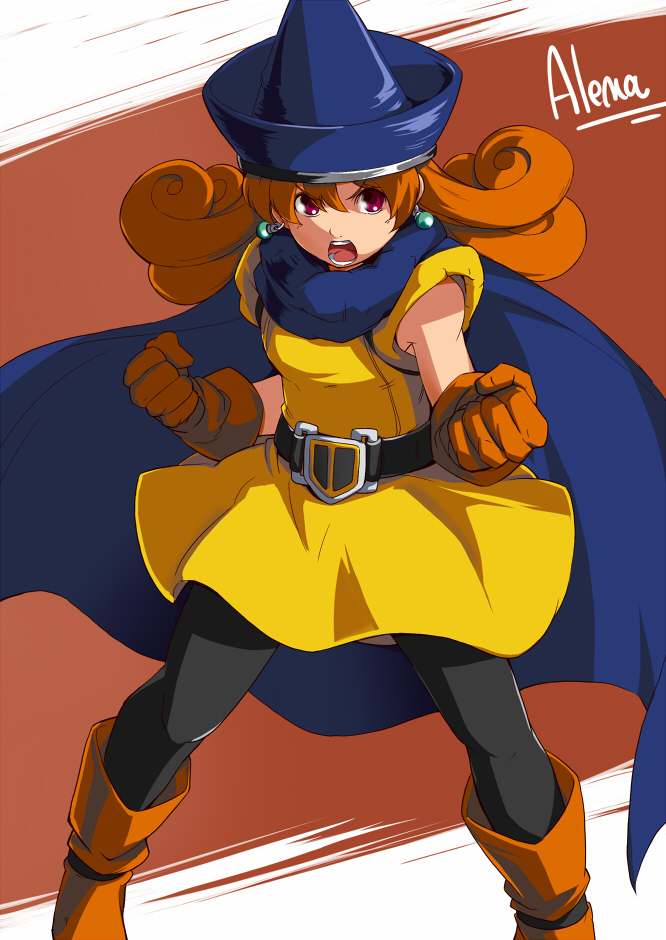 alena_(dq4), angry, black_legwear, boots, cape, character_name, curly_hair, dragon_quest, dragon_quest_iv, dress, earrings, gloves, hat, jewelry, long_hair, no~ma, open_mouth, orange_hair, pantyhose, red_eyes, simple_background, skirt, solo, witch_hat, yellow_dress