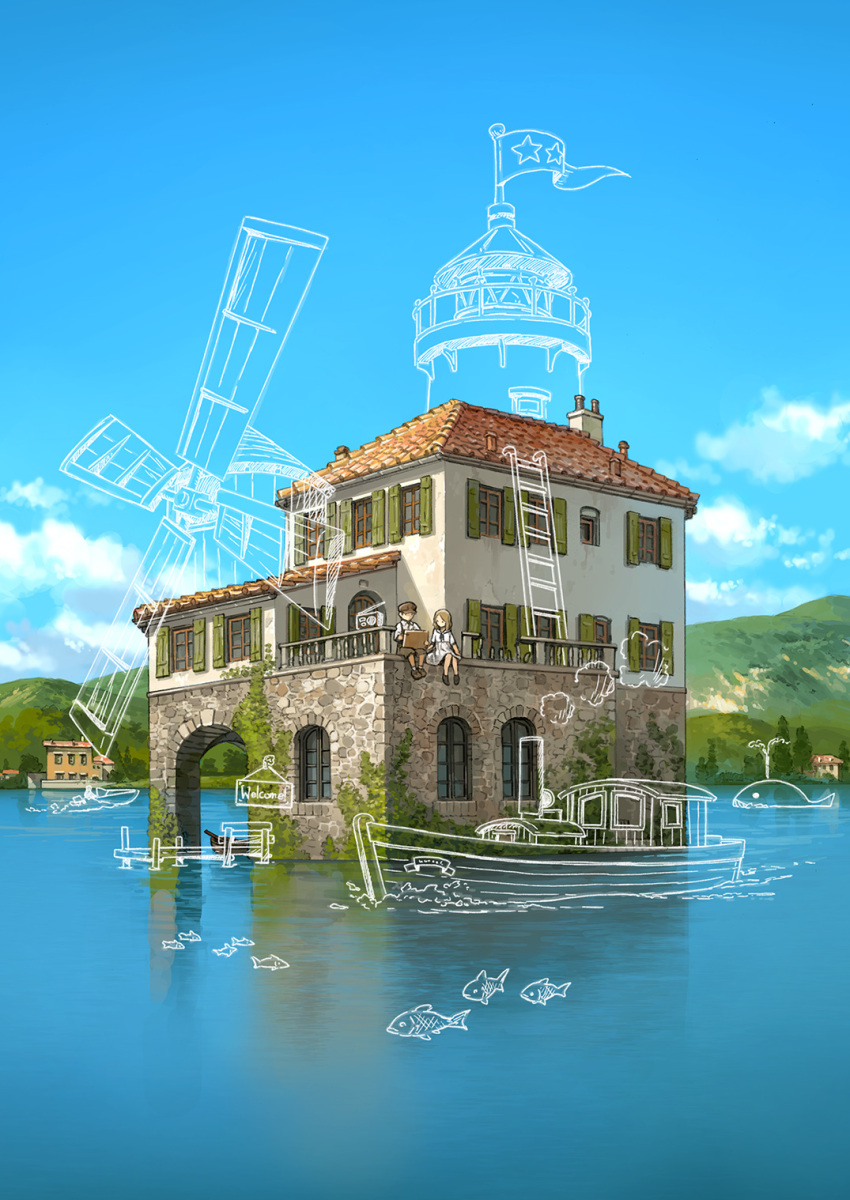 1boy, 1girl, balcony, black_shoes, blonde_hair, blue_sky, boat, brown_hat