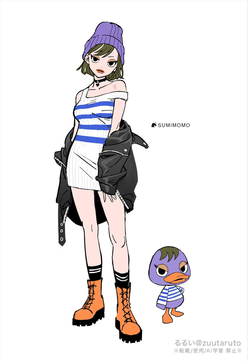 1girl, animal, animal_crossing, ankle_socks, artist_name, bare_shoulders, beanie, belt, belt_buckle, belt_collar, bird, black_belt, black_eyes, black_jacket, black_socks, blunt_ends, boots, brown_hair, buckle, buttons, character_name, clothed_animal, collar, collarbone, collared_jacket, commentary_request, copyright_name, creature_and_personification, dress, duck, expressionless, full_body, half-closed_eyes, hand_on_own_thigh, hat, heart_collar, highres, jacket, jacket_partially_removed, knees, lace-up_boots, lapels, leaf, leather, leather_jacket, lipstick, long_sleeves, looking_at_viewer, makeup, mallary_(animal_crossing), moya_(toatomoot), notched_lapels, orange_boots, parted_lips, personification, pink_lips, purple_hat, short_dress, short_hair, simple_background, sleeveless, sleeveless_dress, sleeves_past_wrists, socks, standing, strap_slip, striped_clothes, striped_dress, sweater, sweater_dress, white_background, white_dress, zipper
