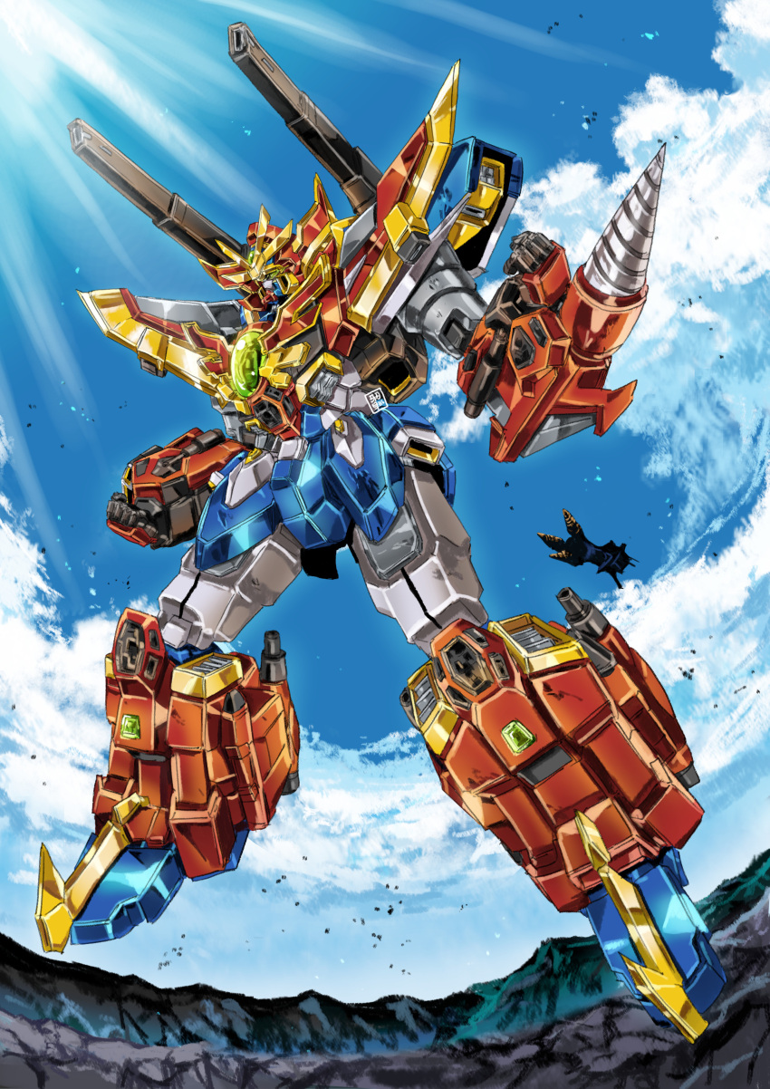absurdres, artist_logo, beam_cannon, blue_sky, choujuushin_gravion, choujuushin_gravion_zwei, clenched_hands, clouds