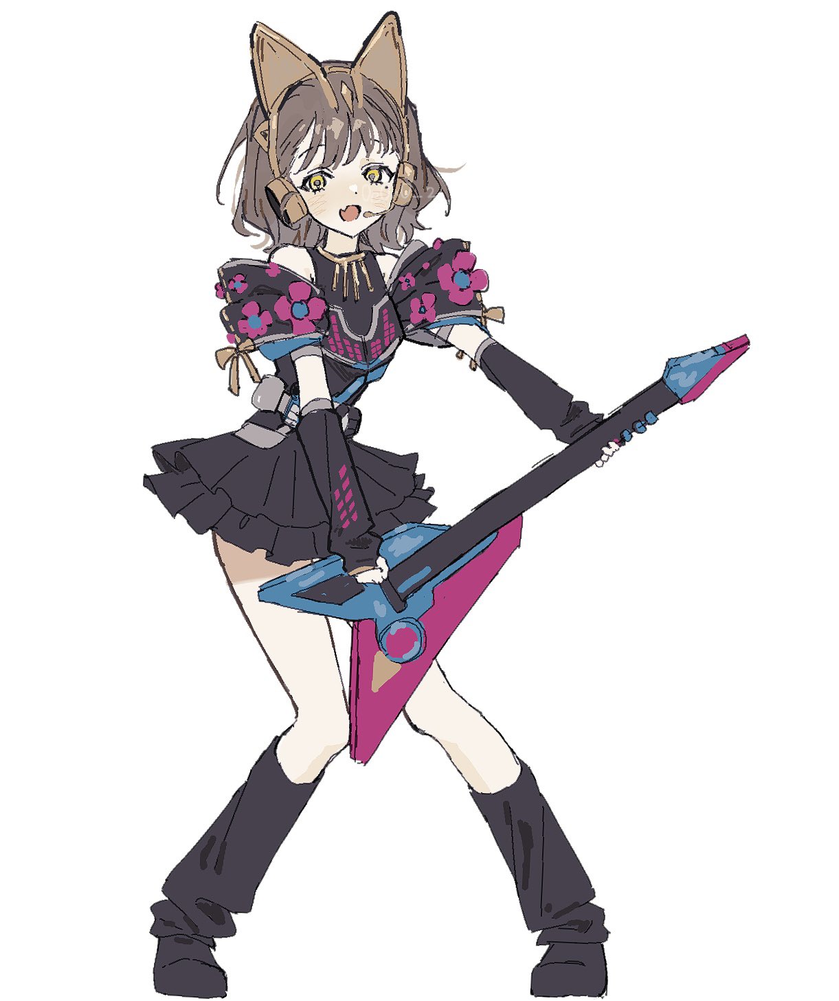 0e0n0_2, 1girl, animal_ears, black_dress, brown_hair, cat_ears, dress, frilled_dress, frills, gloves, guitar, headset, highres, holding, holding_instrument, instrument, kamen_rider, kamen_rider_geats_(series), kamen_rider_na-go, kurama_neon, looking_at_viewer, microphone, open_mouth, simple_background, solo, white_background
