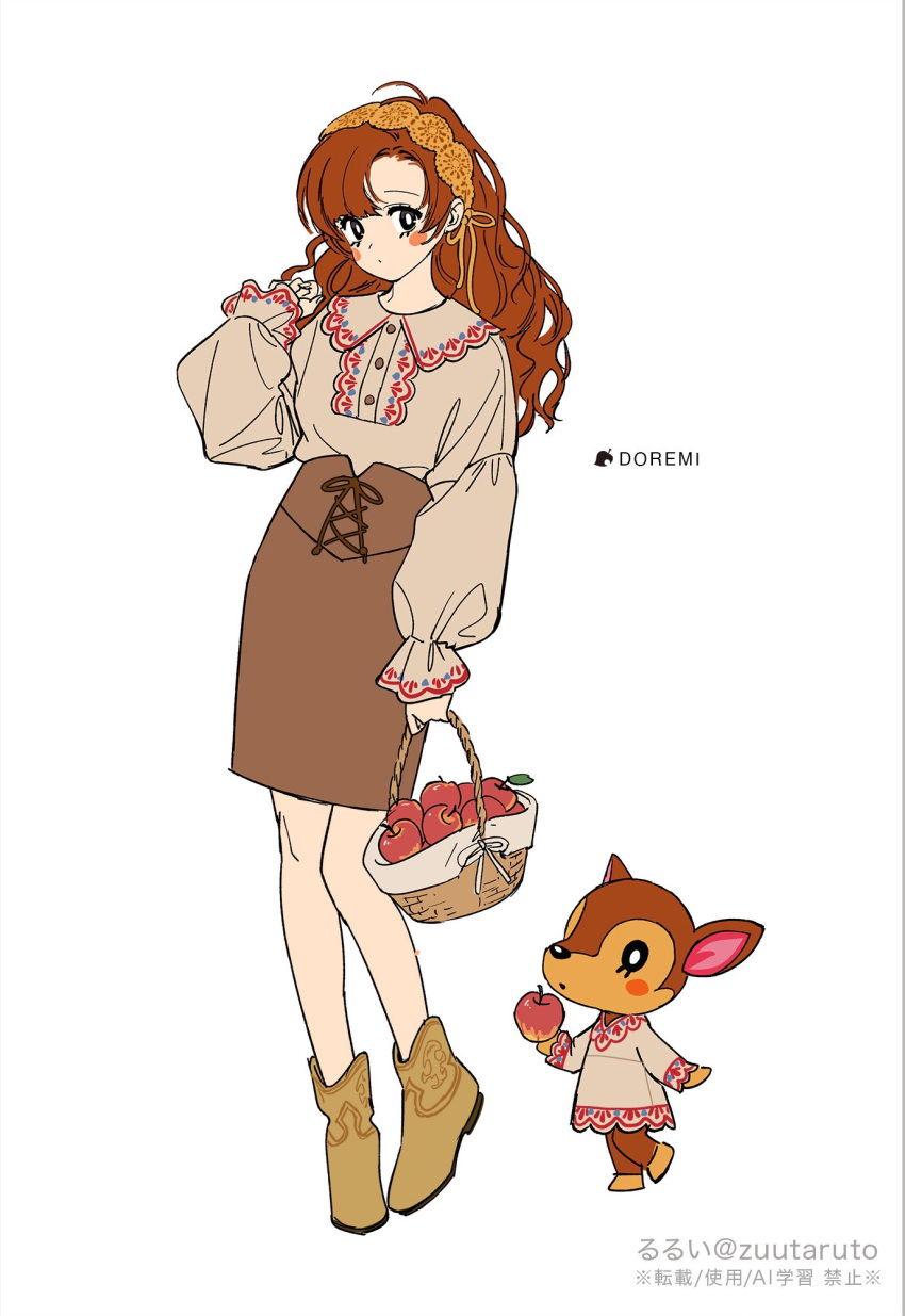 1girl, :o, ahoge, animal, animal_crossing, apple, artist_name, basket, black_eyes, blunt_bangs, blush_stickers, boots, bright_pupils, brown_boots, brown_corset, brown_dress, brown_hair, brown_ribbon, brown_shirt, brown_skirt, buttons, center_frills, character_name, clothed_animal, collared_shirt, commentary_request, copyright_name, corset, cross-laced_clothes, cross-laced_corset, deer, dress, expressionless, eyelashes, fauna_(animal_crossing), food, frilled_sleeves, frills, fruit, full_body, furry_and_humanization, hair_ribbon, hairband, hand_in_own_hair, hand_on_own_shoulder, high-waist_skirt, highres, holding, holding_basket, holding_food, holding_fruit, humanization, lace-trimmed_dress, lace_trim, leaf, long_hair, long_sleeves, looking_at_viewer, medium_skirt, moya_(toatomoot), parted_lips, pencil_skirt, puffy_long_sleeves, puffy_sleeves, ribbon, shirt, short_dress, simple_background, skirt, sleeves_past_wrists, standing, wavy_hair, white_background, white_pupils, yellow_hairband, yellow_ribbon