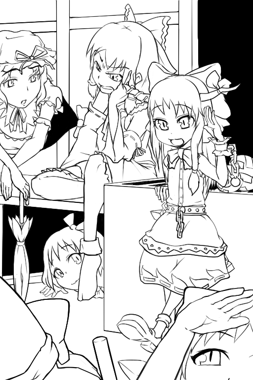 chains, cirno, detached_sleeves, gap, gourd, hakurei_reimu, hat, ibuki_suika