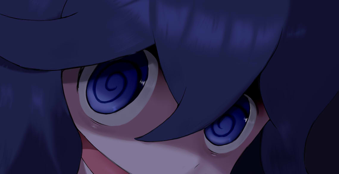 1girl, :d, @_@, black_hair, blue_eyes, close-up, commentary, donrhy96