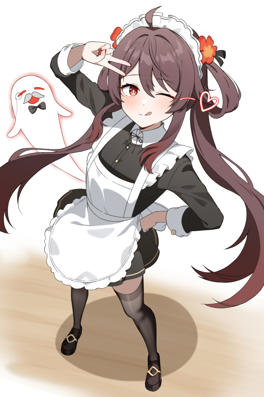 1girl, :p, absurdres, apron, black_nails, black_thighhighs, blush, boo_tao_(genshin_impact), bow, brown_hair, flower, flower-shaped_pupils, full_body, genshin_impact, ghost, hair_between_eyes, heart, highres, hu_tao_(genshin_impact), jhp987, long_hair, long_sleeves, looking_at_viewer, maid, maid_apron, maid_headdress, one_eye_closed, plum_blossoms, red_eyes, shoes, standing, symbol-shaped_pupils, thigh-highs, tongue, tongue_out, twintails, v