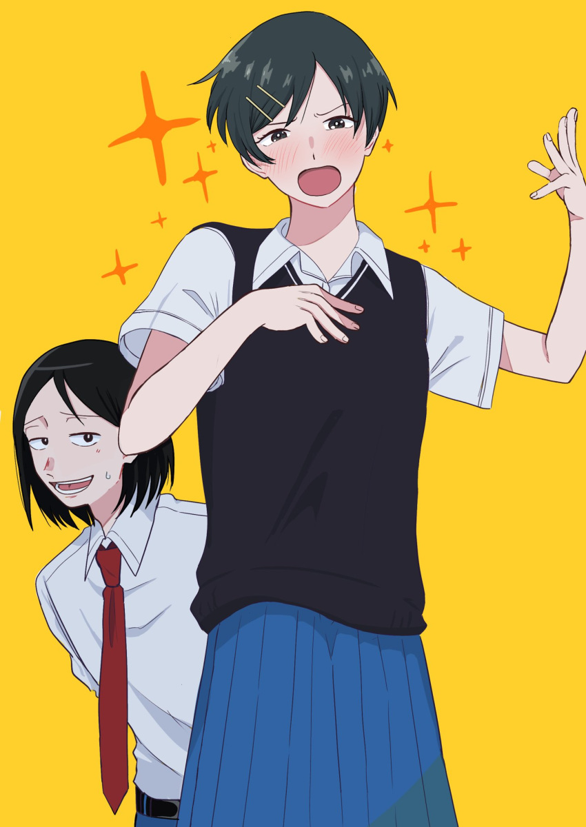 1boy, 1girl, :d, :o, behind_another, belt, black_hair, black_sweater_vest, blue_pants, blue_skirt, blush, collared_shirt, commentary, cousins, cowboy_shot, dress_shirt, furrowed_brow, futsuu_no_keion-bu, hair_ornament, hairpin, hand_on_own_chest, hand_up, highres, kouyama_rin, leaning_forward, looking_at_viewer, mitarashi_2mai, necktie, nervous_smile, open_mouth, pants, parted_bangs, pixie_cut, pleated_skirt, red_necktie, scene_reference, school_uniform, shirt, shirt_tucked_in, short_hair, short_sleeves, simple_background, skirt, smile, sparkle, sweater_vest, taguchi_ryuuya, teeth, upper_body, white_shirt, wing_collar, yellow_background
